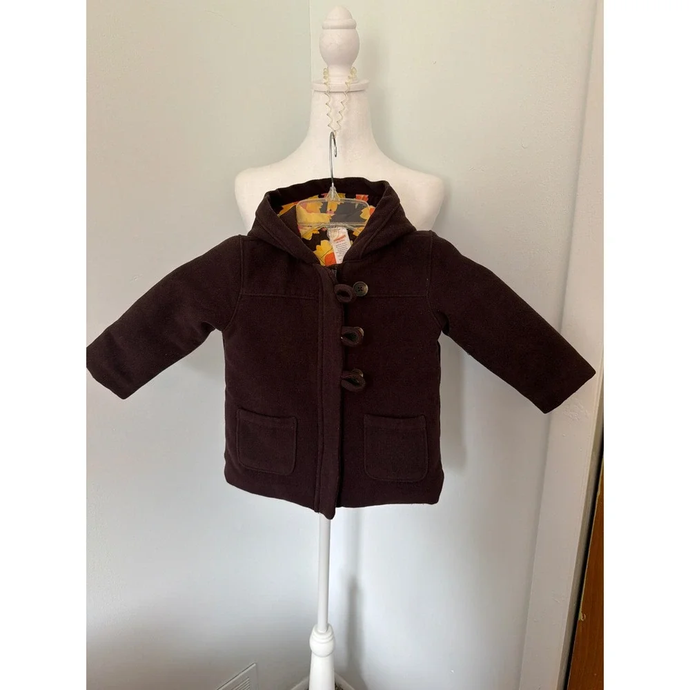 Gymboree Girls Brown Hooded Duffle Coat Sunflower Floral Lining 18-24M Toddler